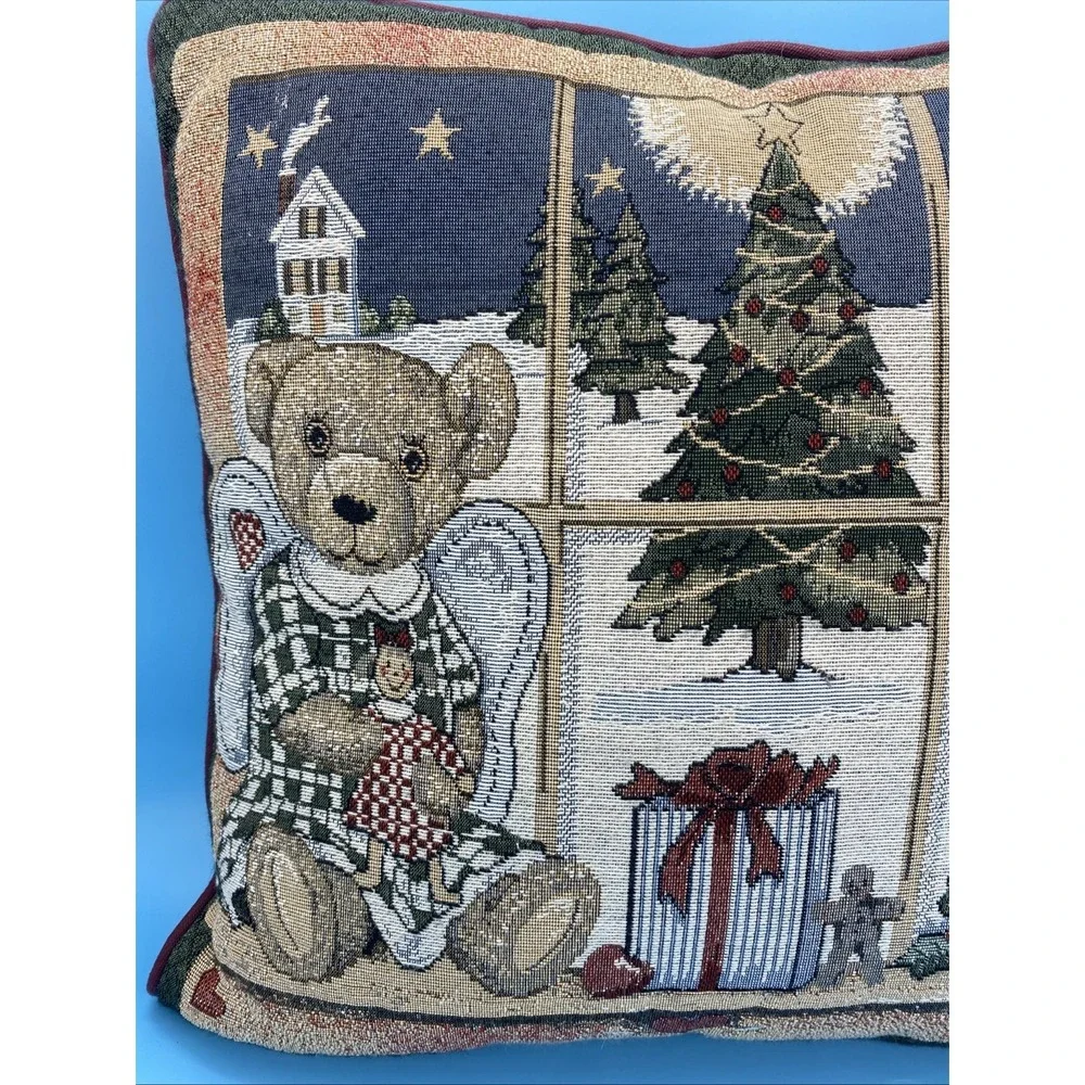 Christmas Tapestry Decorative Accent Square Throw Pillow Bear Angel 15x15